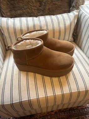 UGG Chestnut Suede Shearling-Lined Platform Ankle Booties